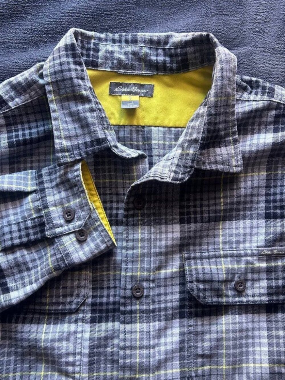 Eddie Bauer Men’s Plaid Button Front Shirt Size L Gray Yellow